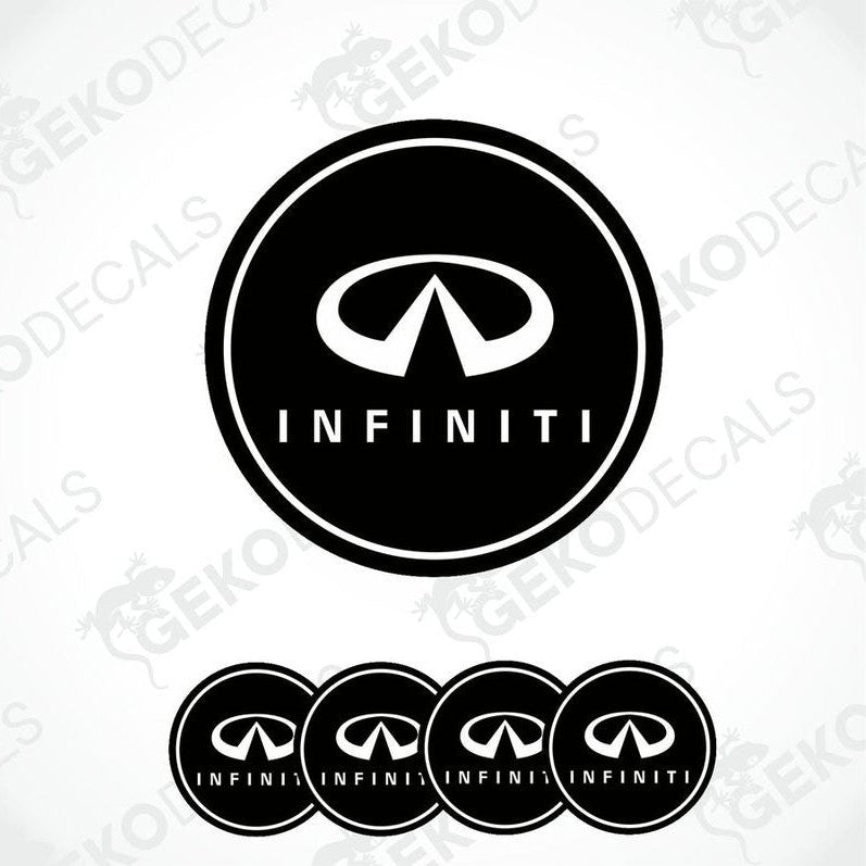 A set of four black vinyl stickers with the INFINITI logo printed on them.