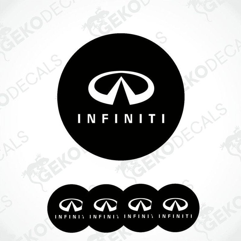 A set of four black vinyl stickers with the INFINITI logo printed on them.