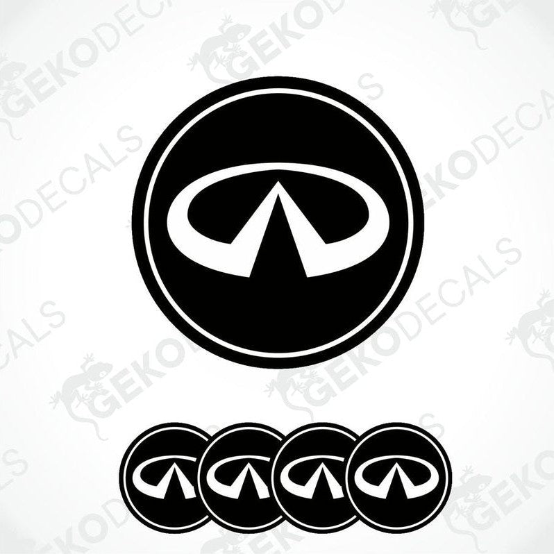 A set of black and white vinyl decals with the INFINITI logo, designed for use as car wheel decals.