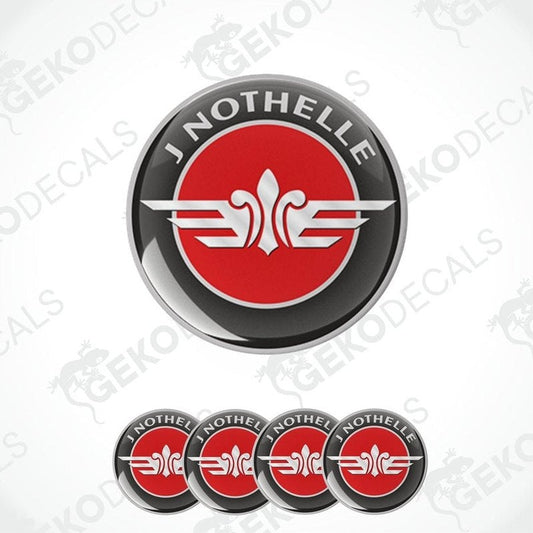 A set of four round vehicle decals with a red and white design and the brand name 'J Notthelle' and a logo.