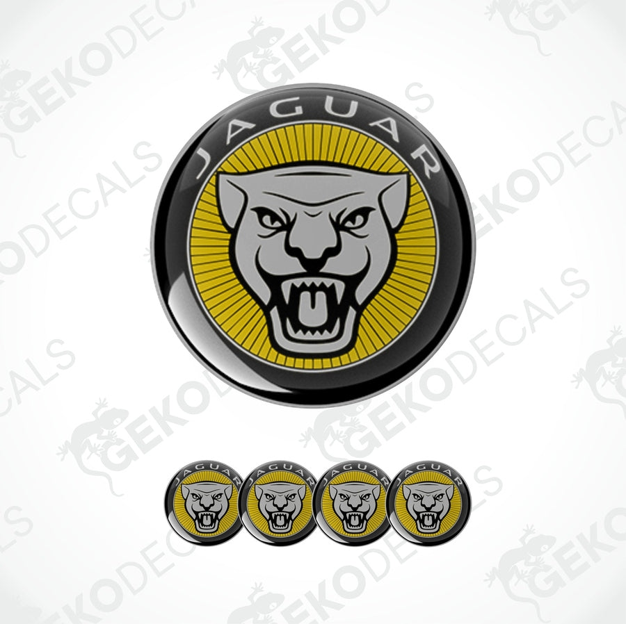 A set of four yellow, black, and white vinyl stickers with a Jaguar logo design, displayed on a white background.