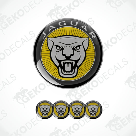 A set of four yellow, black, and white vinyl stickers with a Jaguar logo design, displayed on a white background.