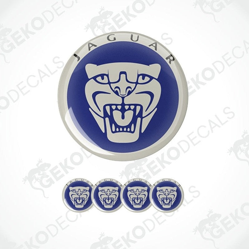 A set of four blue vinyl stickers with a JAGUAR logo, designed for use as car decals.