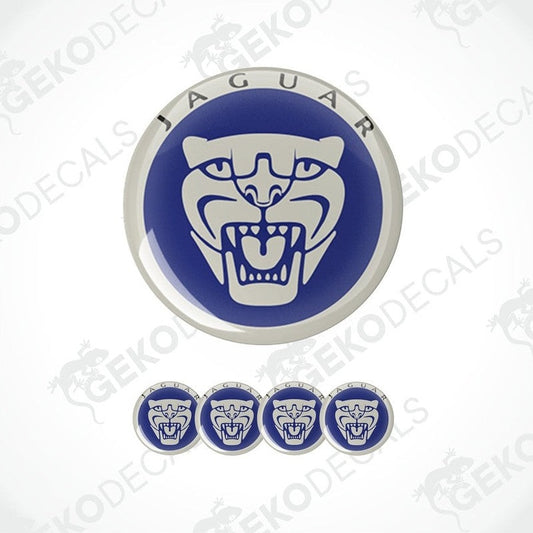 A set of four blue vinyl stickers with a JAGUAR logo, designed for use as car decals.