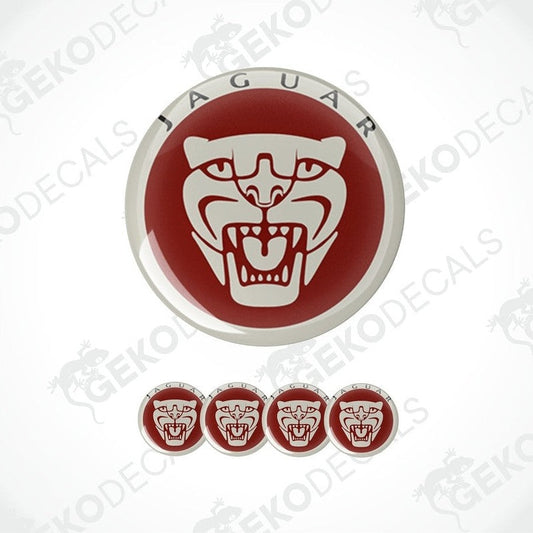 A set of four red and grey vinyl decals with the Jaguar logo.