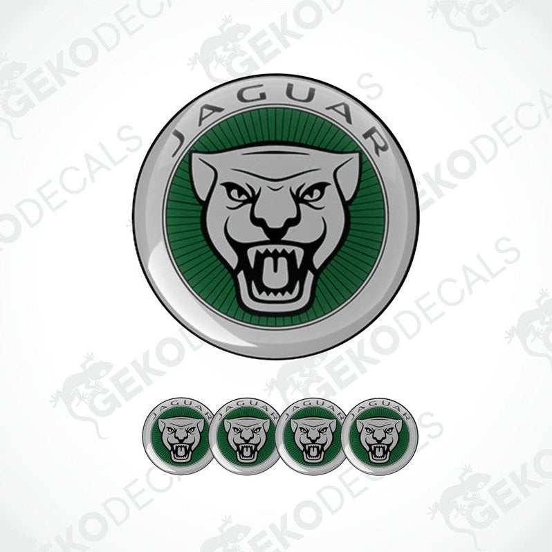 A set of four green and grey Jaguar branded vinyl stickers with a polyurethane coating.