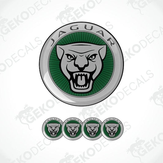 A set of four green and grey Jaguar branded vinyl stickers with a polyurethane coating.