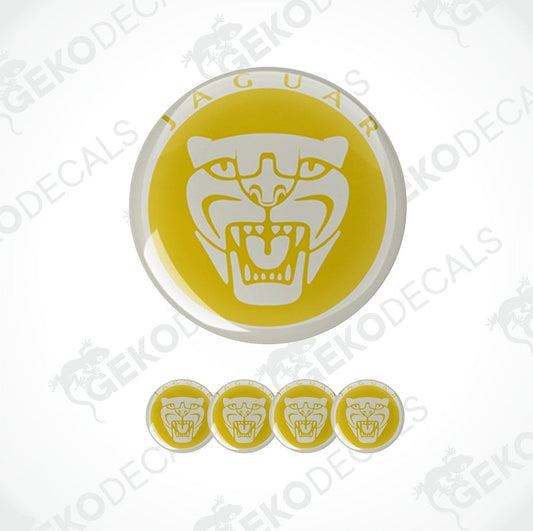 A set of yellow vinyl decals with a jaguar logo, including four different sized stickers.