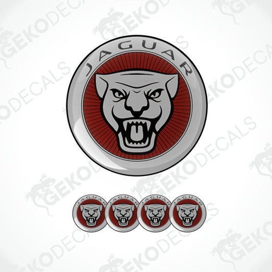 A set of vinyl decals featuring a Jaguar logo with a red and silver color scheme, including four dome-shaped stickers.