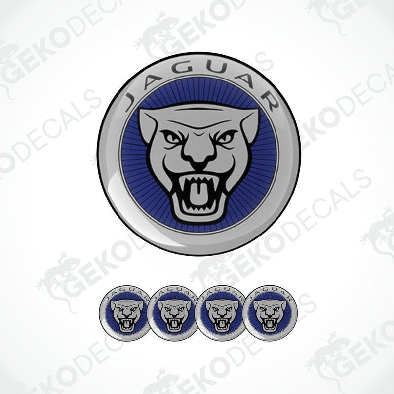 A set of four blue and grey Jaguar branded vinyl stickers with a polyurethane coating.