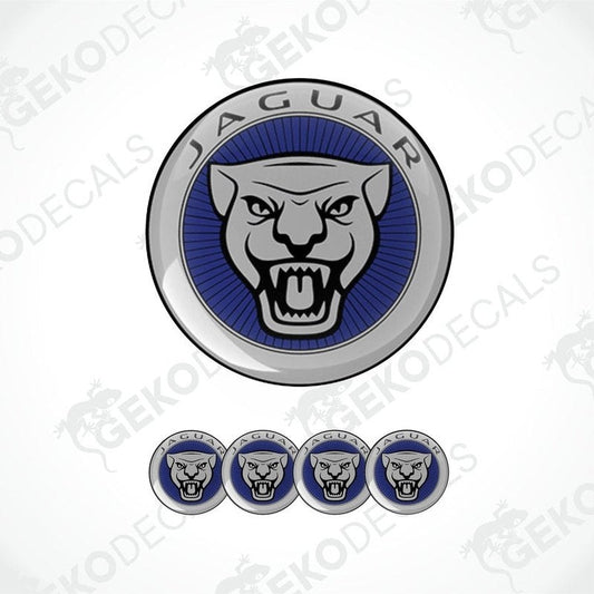 A set of four blue and grey Jaguar branded vinyl stickers with a polyurethane coating.