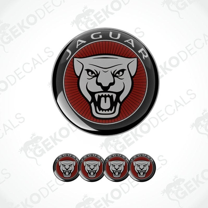 A set of four red, black, and white vinyl stickers with a Jaguar logo design, displayed on a white background.