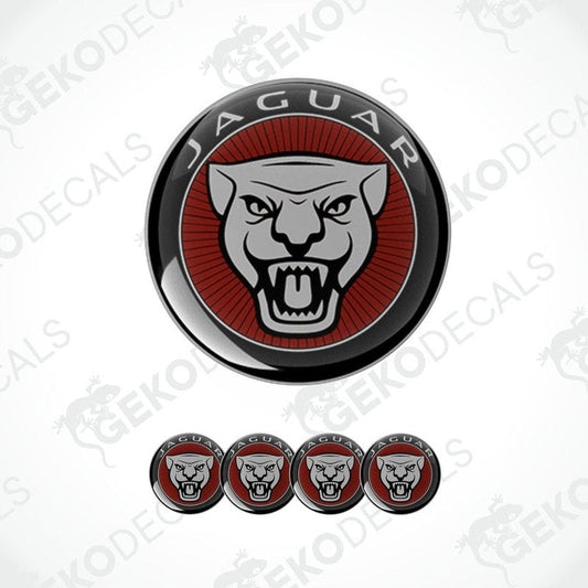 A set of four red, black, and white vinyl stickers with a Jaguar logo design, displayed on a white background.
