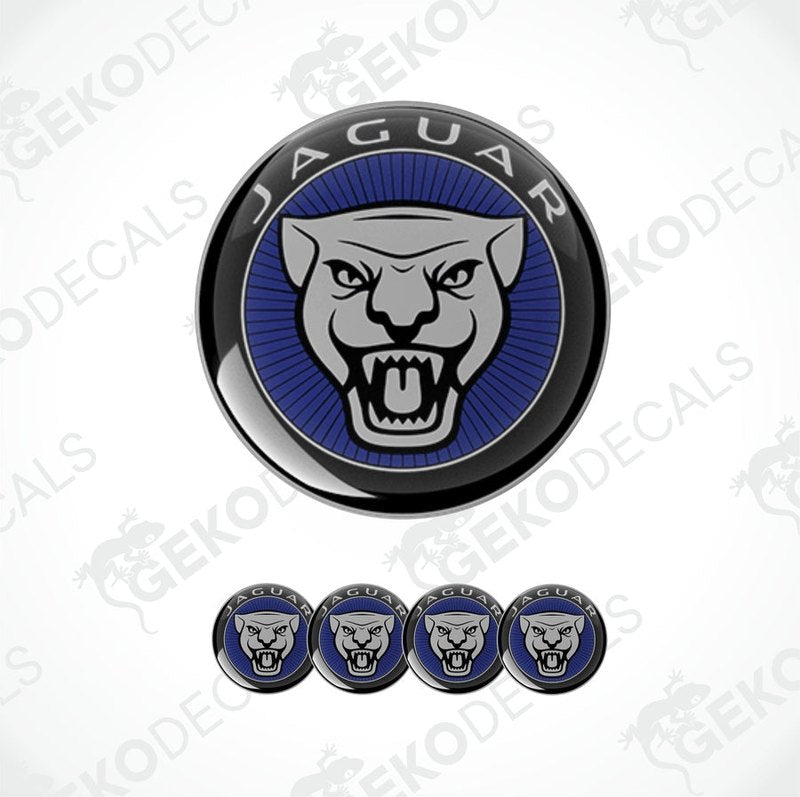 A set of four black, blue, and gray Jaguar branded vinyl stickers for car decals.