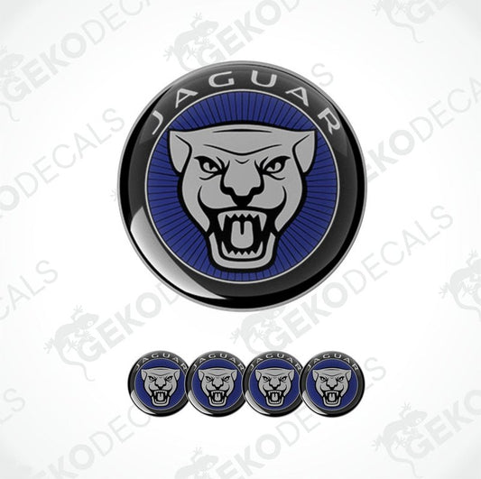 A set of four black, blue, and gray Jaguar branded vinyl stickers for car decals.