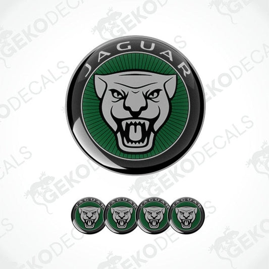 A set of four green and black vinyl stickers with a Jaguar logo design, displayed on a white background.