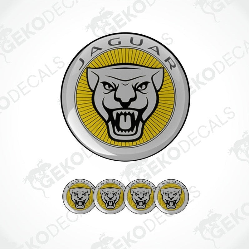 A set of four silver-colored vinyl stickers with a Jaguar logo and a GeckoDecals watermark on each.