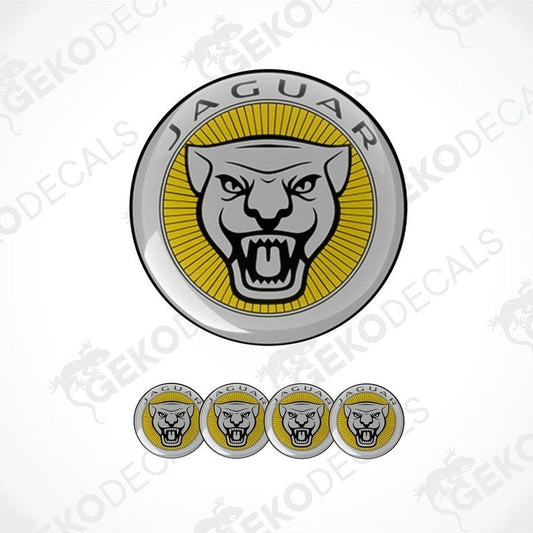 A set of four silver-colored vinyl stickers with a Jaguar logo and a GeckoDecals watermark on each.
