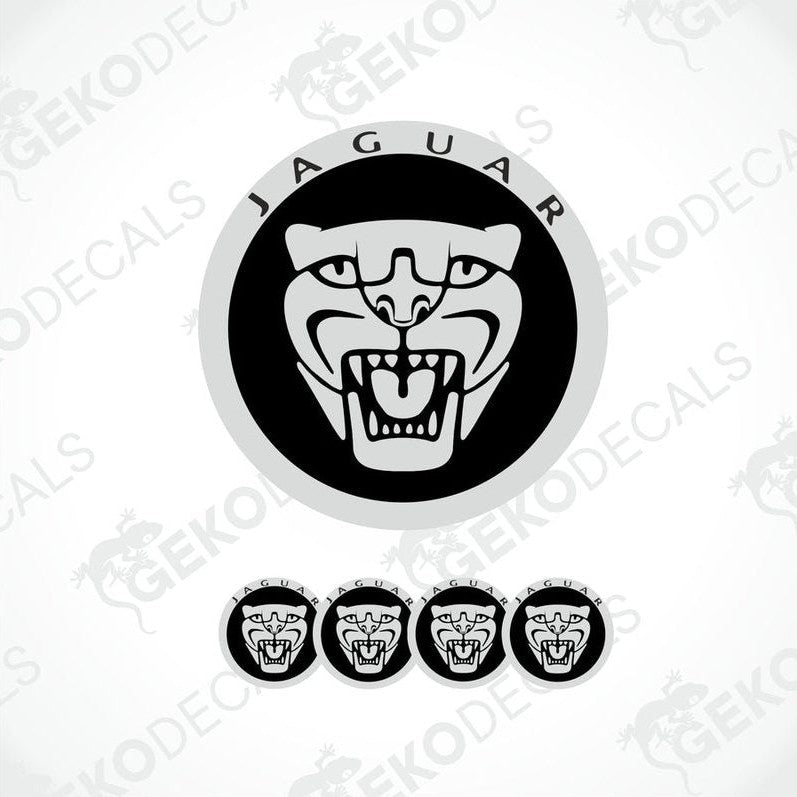 A set of four black and white vinyl decals with the Jaguar logo.