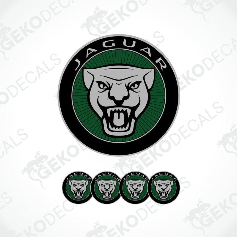 A set of four green and black vinyl stickers with a Jaguar logo design, displayed on a white background.
