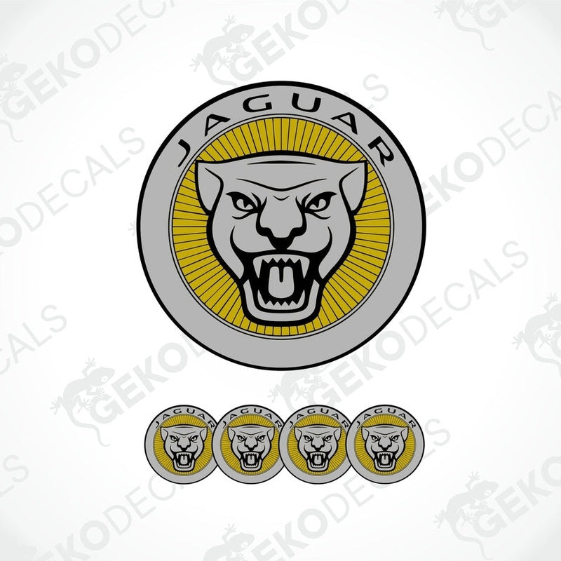 A set of four silver-colored vinyl stickers with a Jaguar logo and a GeckoDecals watermark on each.