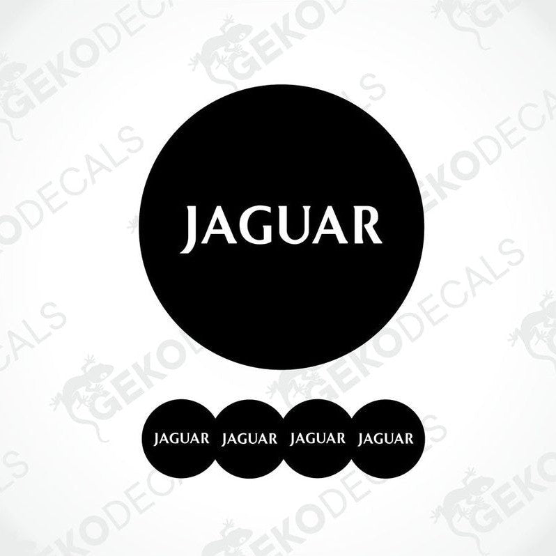 A set of black vinyl decals with the text 'JAGUAR' on them, typically used as car wheel caps.