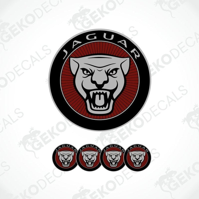 A set of four red, black, and white vinyl stickers with a Jaguar logo design, displayed on a white background.