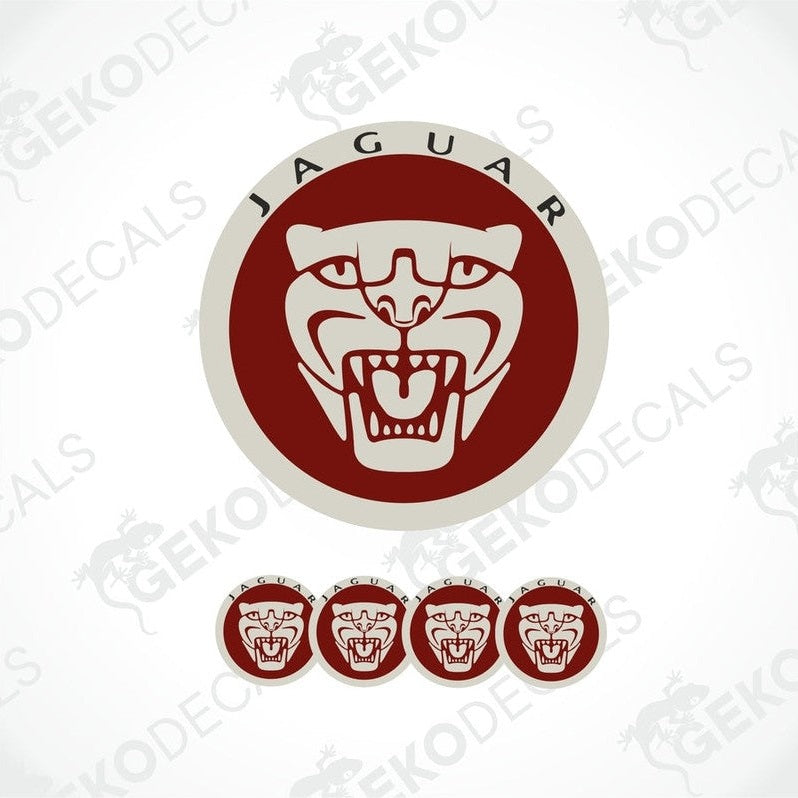 A set of four red and grey vinyl decals with the Jaguar logo.