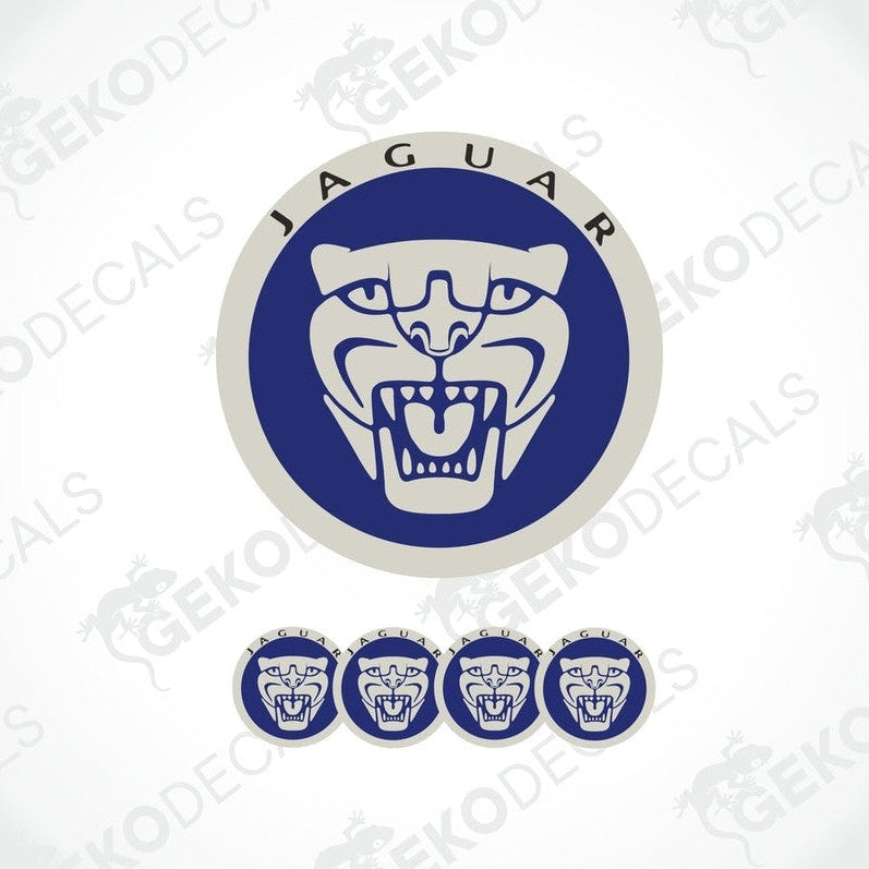A set of four blue vinyl stickers with a JAGUAR logo, designed for use as car decals.