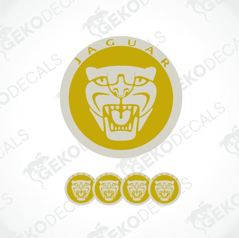 A set of yellow vinyl decals with a jaguar logo, including four different sized stickers.