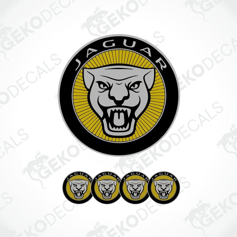 A set of four yellow, black, and white vinyl stickers with a Jaguar logo design, displayed on a white background.