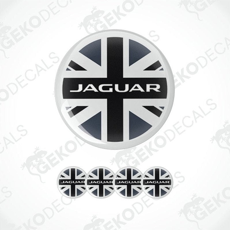 A set of four black, white, and grey vinyl stickers with a Jaguar logo design, displayed on a white background.