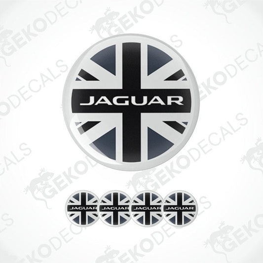 A set of four black, white, and grey vinyl stickers with a Jaguar logo design, displayed on a white background.
