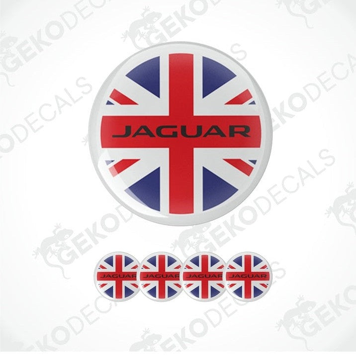 A set of four red, white, and blue vinyl stickers with a Jaguar logo design, displayed on a white background.