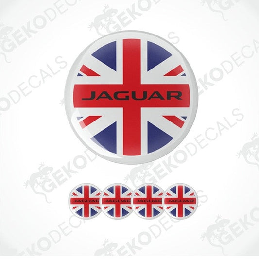 A set of four red, white, and blue vinyl stickers with a Jaguar logo design, displayed on a white background.