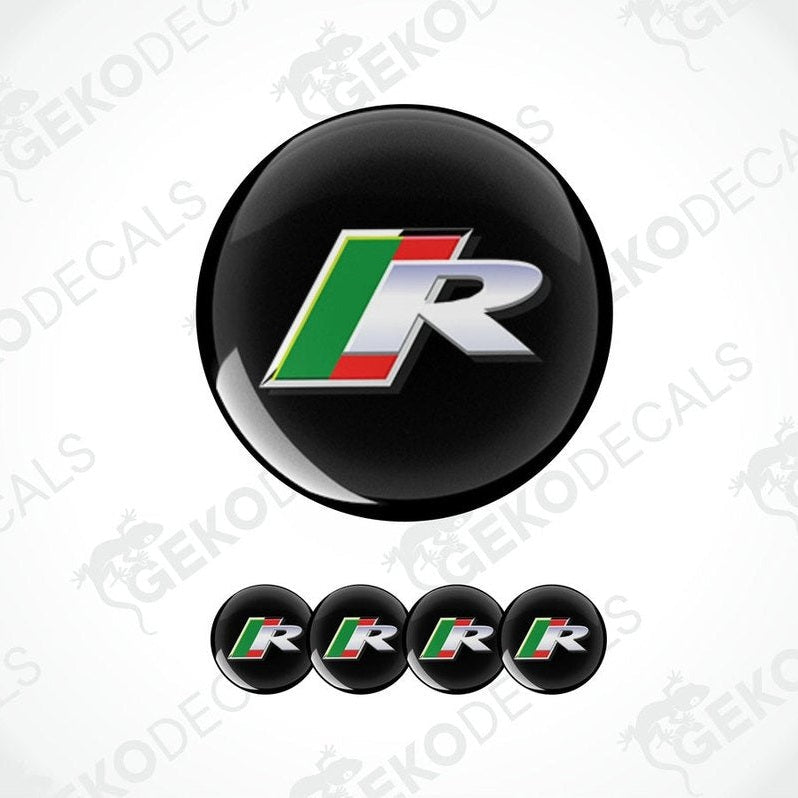 A set of four vinyl decals with a polyurethane coating, featuring a green, red, white, and black color scheme and the letter Jaguar 'R'.