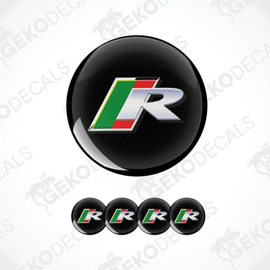 A set of four vinyl decals with a polyurethane coating, featuring a green, red, white, and black color scheme and the letter Jaguar 'R'.