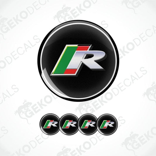 A set of four black vinyl stickers with a white Jaguar  R decal design, displayed against a white background.