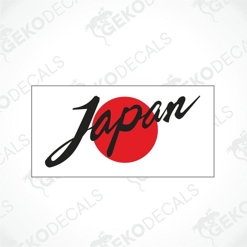A sticker decal with the word 'Japan' in black script on a white background with a red circle.