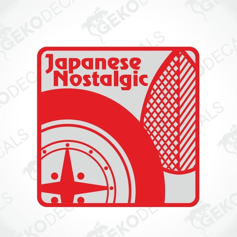 A red car decal with a Japanese nostalgic theme, featuring a graphic of a tire and a part of a car.