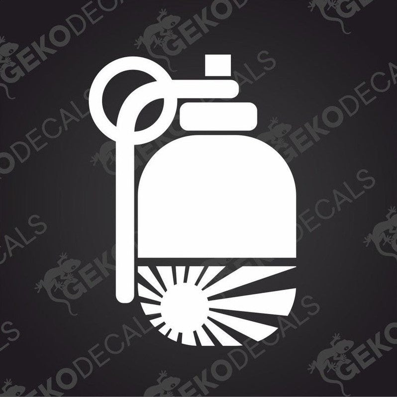 A white car decal depicting a stylized grenade with a pull tab and japanese sun design.