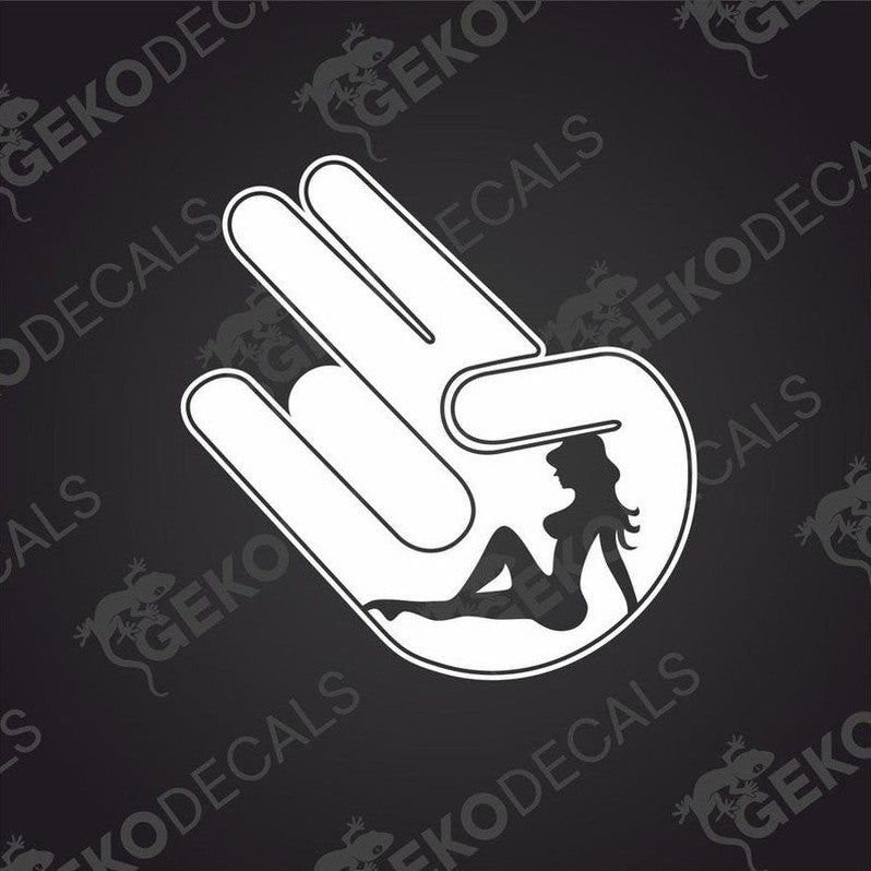 A white decal featuring a hand silhouette with a graphic of a woman sitting inside the palm.