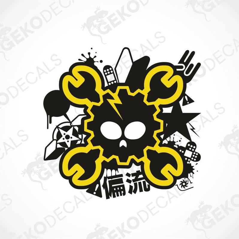 JDM skull and gear decal with yellow G frame, wrench and ninja star for car interior or exterior