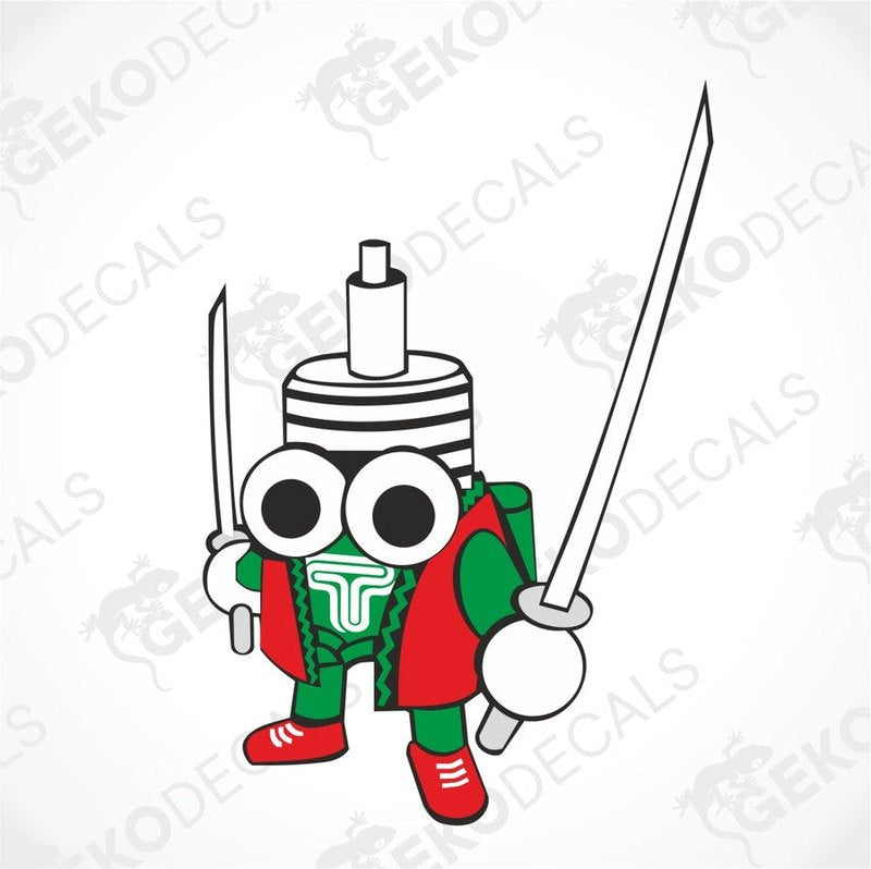 A graphic decal of a cartoon character with green, red and white colors, holding a sword with big eyes.