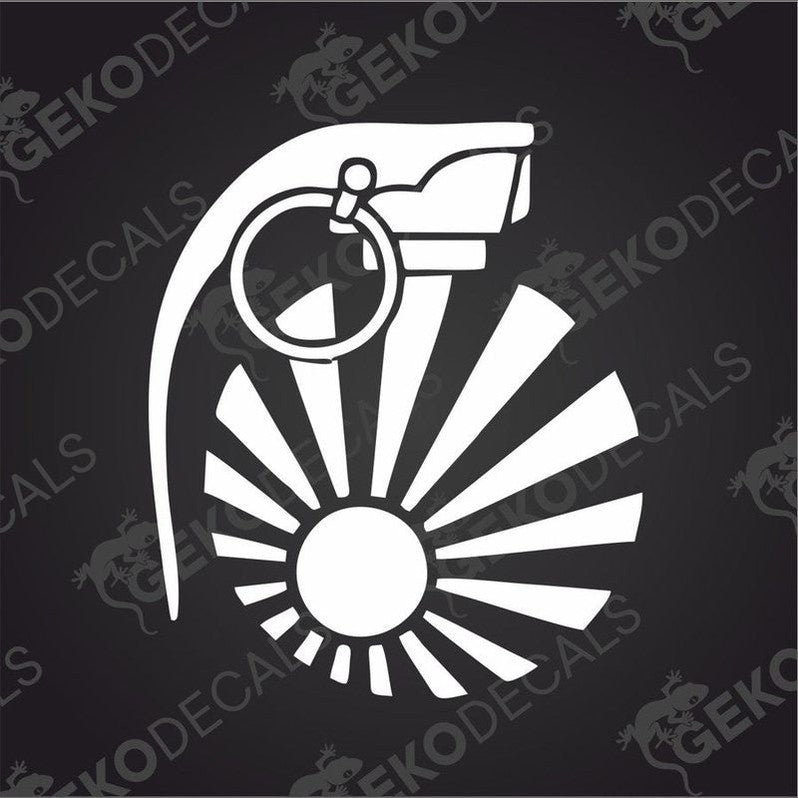 A decal of a stylized grenade design with a japanese sunrise.