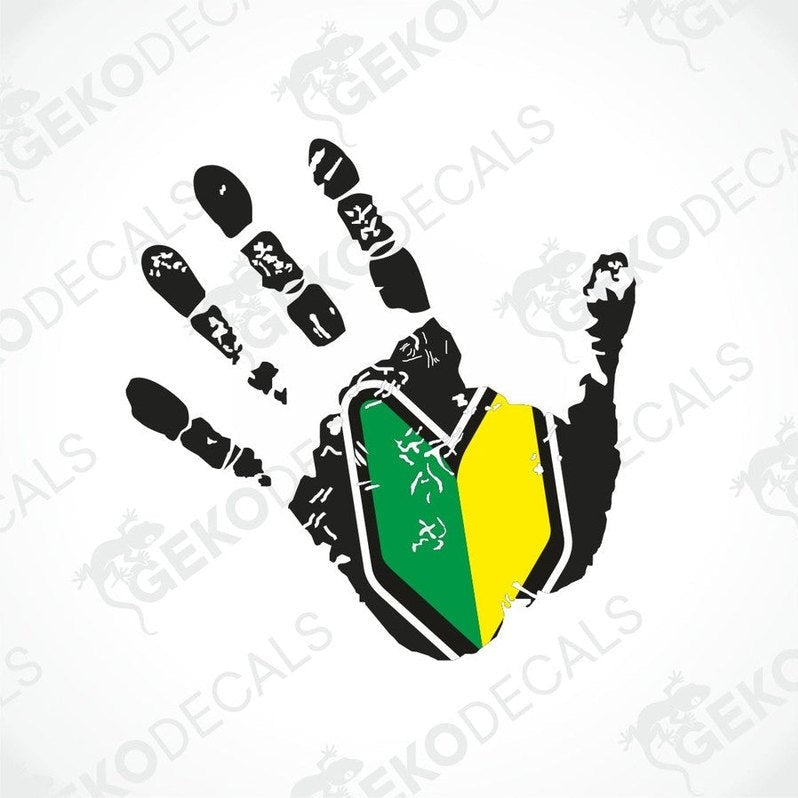A car sticker in the shape of a hand with a design that includes a handprint with green and yellow JDM elements.