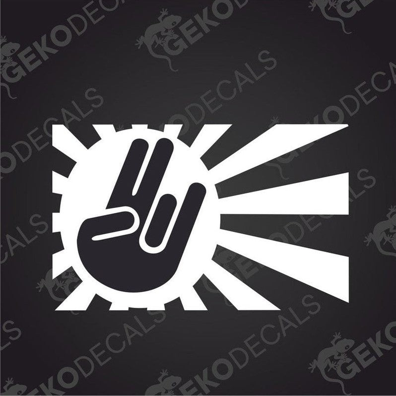 A white car decal featuring a graphic of a hand making a peace sign with sun rays in the background.