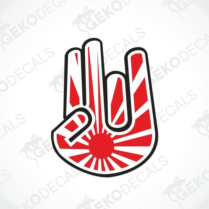 A red and white car decal of a hand making a 'rock on' gesture with a rising sun design in the background.