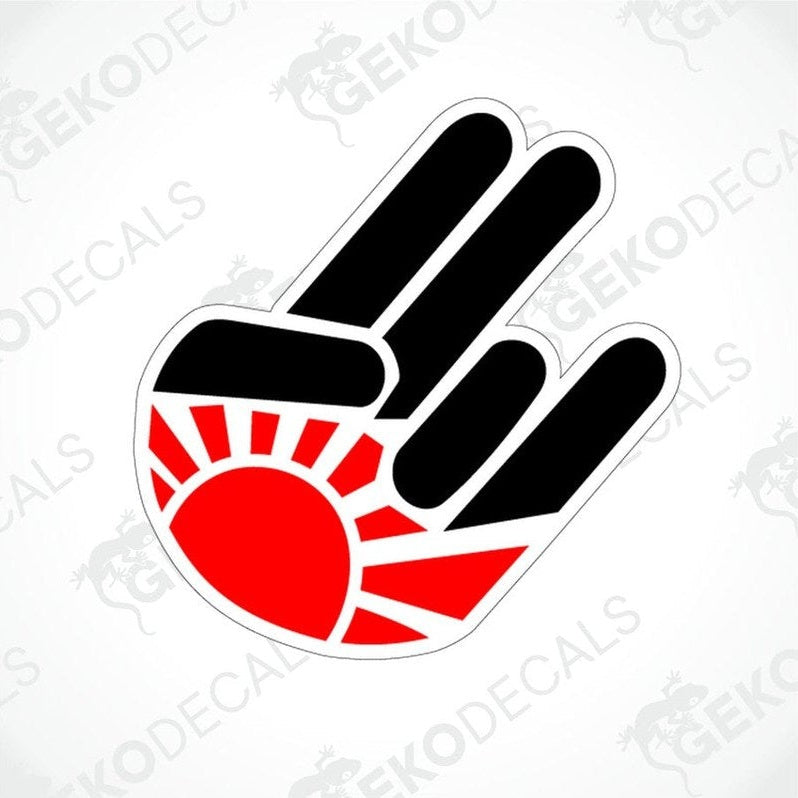 A car decal sticker featuring a black hand with a red sun rising from behind it, designed for application on vehicles.