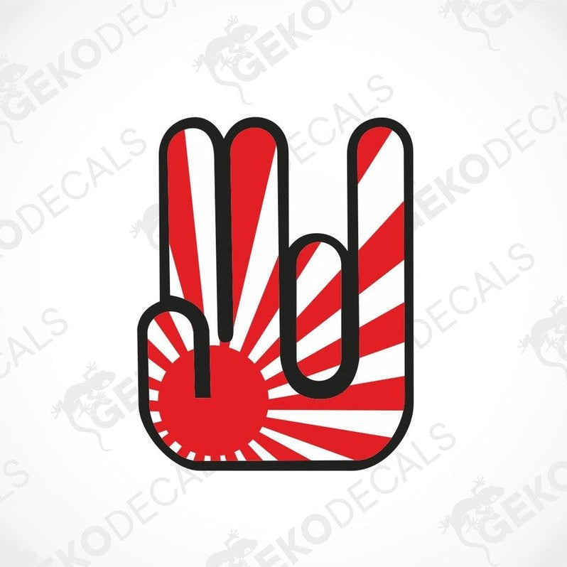 A car decal sticker featuring a red and white geometric hand-like design, resembling a rising sun.